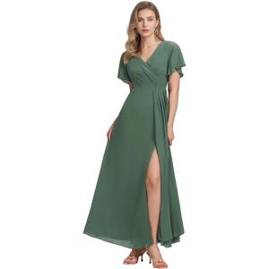 imageEverPretty Womens V Neck Ruffles Short Sleeve Floor Length Pleated Chiffon Floor Length Formal Dress 0050PHEucalyptus Green