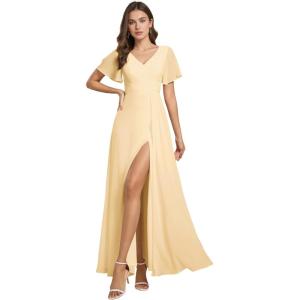 imageEverPretty Womens V Neck Ruffles Short Sleeve Floor Length Pleated Chiffon Floor Length Formal Dress 0050PHYellow