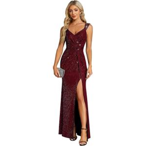 imageEverPretty Womens V Neck Stretchy Glitter Bodycon Ball Gowns Sleeveless High Split Formal Evening Dresses 01888Burgundy