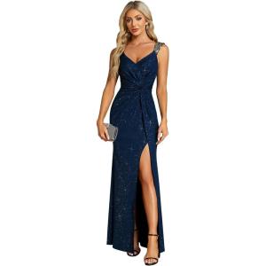 imageEverPretty Womens V Neck Stretchy Glitter Bodycon Ball Gowns Sleeveless High Split Formal Evening Dresses 01888Navy Blue