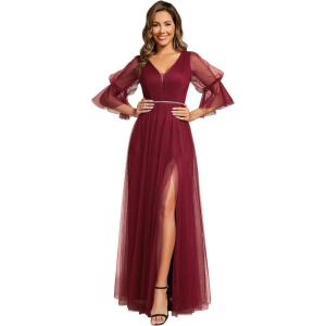 imageEverPretty Womens V Neck Tulle Beaded Flared Sleeves Split Floor Length Bridesmaid Dresses 0003Burgundy