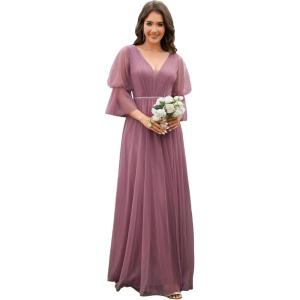 imageEverPretty Womens V Neck Tulle Beaded Flared Sleeves Split Floor Length Bridesmaid Dresses 0003Orchid