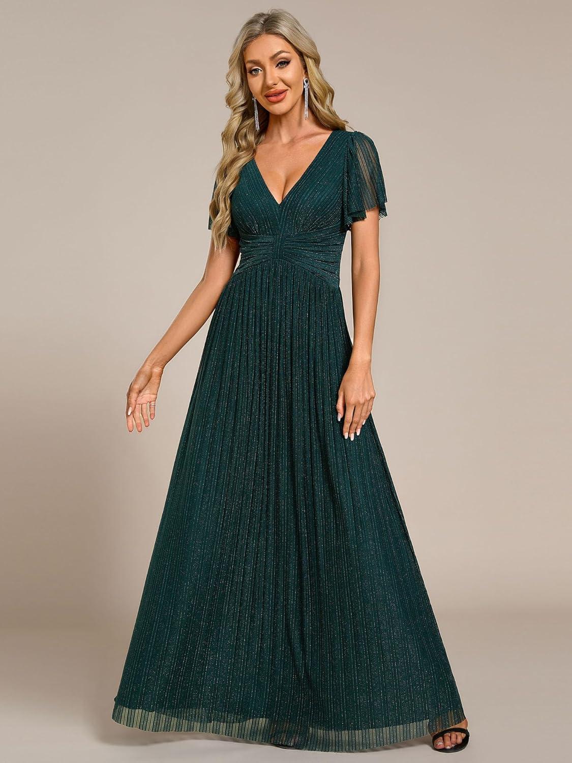 imageEverPretty Womens V Neck Glitter Pleated Short Sleeves Floor Length A Line Formal Evening DressesTeal