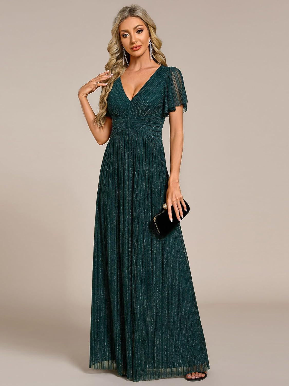 imageEverPretty Womens V Neck Glitter Pleated Short Sleeves Floor Length A Line Formal Evening DressesTeal