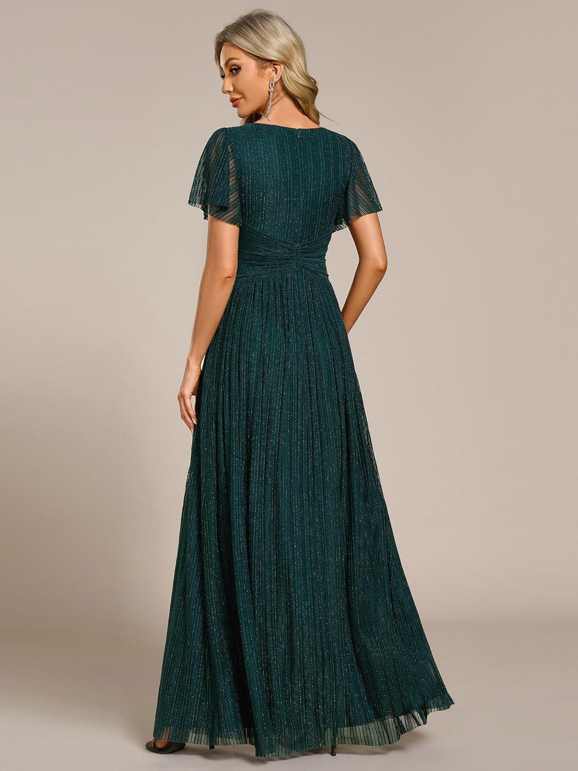 imageEverPretty Womens V Neck Glitter Pleated Short Sleeves Floor Length A Line Formal Evening DressesTeal