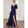 imageEverPretty Womens Sexy V Neck Front Slit A Line Short Sleeves Chiffon Formal Evening Dresses 01385Navy Blue
