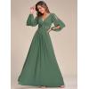 imageEverPretty Womens V Neck Long Lantern Sleeves Floor Length Ruched Chiffon ALine Formal Evening Dress 00461Eucalyptus Green