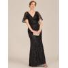 imageEverPretty Womens VNeck Short Sleeve Mermaid Sequin Embroidery FloorLength Mother of The Bride DressesBlack