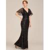 imageEverPretty Womens VNeck Short Sleeve Mermaid Sequin Embroidery FloorLength Mother of The Bride DressesBlack