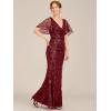 imageEverPretty Womens VNeck Short Sleeve Mermaid Sequin Embroidery FloorLength Mother of The Bride DressesBurgundy