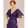 imageEverPretty Womens VNeck Short Sleeve Mermaid Sequin Embroidery FloorLength Mother of The Bride DressesDark Purple