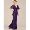 imageEverPretty Womens VNeck Short Sleeve Mermaid Sequin Embroidery FloorLength Mother of The Bride DressesDark Purple