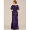imageEverPretty Womens VNeck Short Sleeve Mermaid Sequin Embroidery FloorLength Mother of The Bride DressesDark Purple