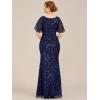 imageEverPretty Womens VNeck Short Sleeve Mermaid Sequin Embroidery FloorLength Mother of The Bride DressesNavy Blue