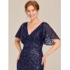 imageEverPretty Womens VNeck Short Sleeve Mermaid Sequin Embroidery FloorLength Mother of The Bride DressesNavy Blue