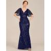 imageEverPretty Womens VNeck Short Sleeve Mermaid Sequin Embroidery FloorLength Mother of The Bride DressesNavy Blue