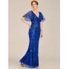 imageEverPretty Womens VNeck Short Sleeve Mermaid Sequin Embroidery FloorLength Mother of The Bride DressesSapphire Blue