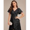imageEverPretty Womens VNeck Short Sleeves Sequin HighLow Empire Waist Formal Wedding Guest Dresses 02401Black