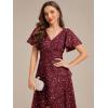 imageEverPretty Womens VNeck Short Sleeves Sequin HighLow Empire Waist Formal Wedding Guest Dresses 02401Burgundy