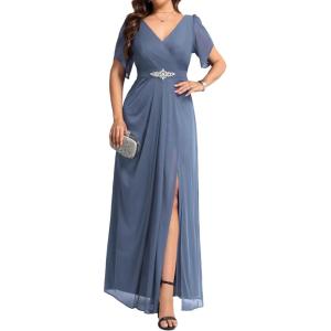 imageEverPretty Womens Cap Sleeves Mother of The Bride Dresses Rhinestone Chiffon Maxi Formal Evening Dresses 02400Dusty Blue