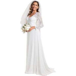 imageEverPretty Womens Classic Lace VNeck Long Sleeves Sweep Train Wedding Dress 01925PHWhite