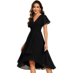 imageEverPretty Womens Classic V Neck Pleated Short Sleeves Chiffon HiLo Midi Wedding Guest Dress 03084Black