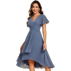 imageEverPretty Womens Classic V Neck Pleated Short Sleeves Chiffon HiLo Midi Wedding Guest Dress 03084Dusty Blue