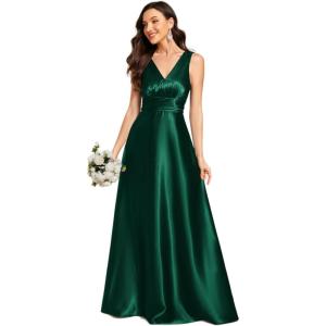 imageEverPretty Womens DoubleVNeck FloorLength Empire Waist Satin Formal Dress with Pockets 02326Dark Green