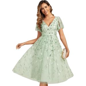 imageEverPretty Womens Elegant A Line Embroidery Tulle Sequins Short Sleeves Midi Wedding Guest Dress 02230Mint Green