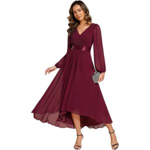 imageEverPretty Womens Fall Chiffon Evening Dress V Neck Long Sleeves HighLow ALine Formal Wedding Guest Dresses 09894Burgundy