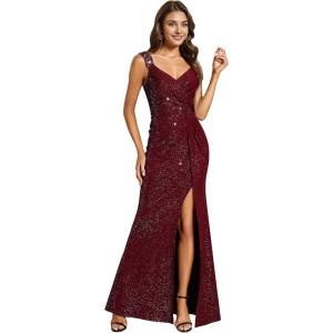 imageEverPretty Womens Glitter Evening Dresses Womens V Neck Stretchy High Slit Sequin Shoulder Strap Formal Gowns 01888Burgundy