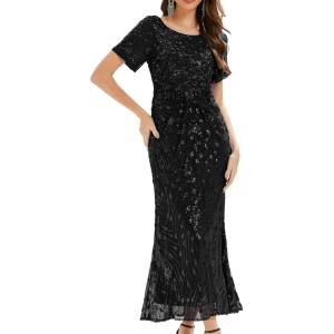 imageEverPretty Womens Gorgeous Round Neck Sequin Embroidered Short Sleeve Maxi Mermaid Formal Evening Dresses 02387Black