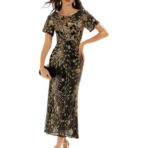 imageEverPretty Womens Gorgeous Round Neck Sequin Embroidered Short Sleeve Maxi Mermaid Formal Evening Dresses 02387Black Gold