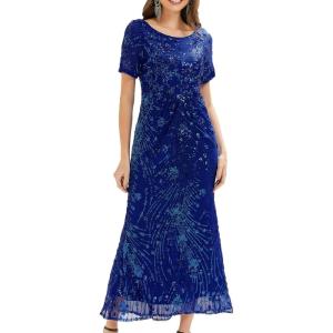 imageEverPretty Womens Gorgeous Round Neck Sequin Embroidered Short Sleeve Maxi Mermaid Formal Evening Dresses 02387Sapphire Blue