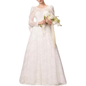 imageEverPretty Womens Lace Round Neck Long Sleeves A Line Sweep Train Wedding Dresses 02259White