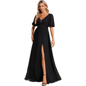 imageEverPretty Womens Sexy V Neck Front Slit A Line Short Sleeves Chiffon Formal Evening Dresses 01385Black