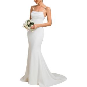 imageEverPretty Womens Spaghetti Strap Lace Trim Mermaid Sweep Train Wedding Dress 00154White