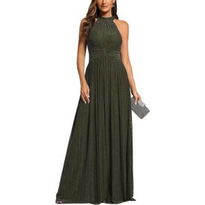 imageEverPretty Womens Summer Halter Sleeveless Pletaed Floor Length Glitter Formal Evening Gowns 41961Olive Green