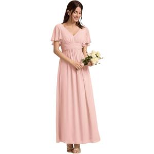 imageEverPretty Womens Summer V Neck Chiffon Pleated Empire Waist Bandage Bridesmaid Dress with Pockets 02360Pink