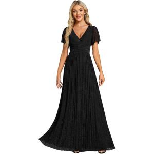 imageEverPretty Womens V Neck Glitter Pleated Short Sleeves Floor Length A Line Formal Evening DressesBlack