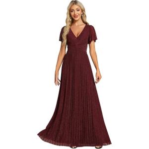 imageEverPretty Womens V Neck Glitter Pleated Short Sleeves Floor Length A Line Formal Evening DressesBurgundy