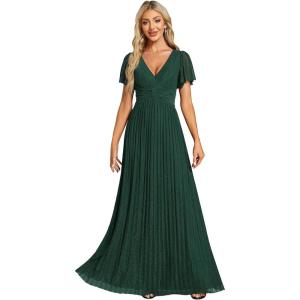 imageEverPretty Womens V Neck Glitter Pleated Short Sleeves Floor Length A Line Formal Evening DressesDark Green