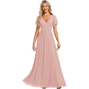 imageEverPretty Womens V Neck Glitter Pleated Short Sleeves Floor Length A Line Formal Evening DressesPink