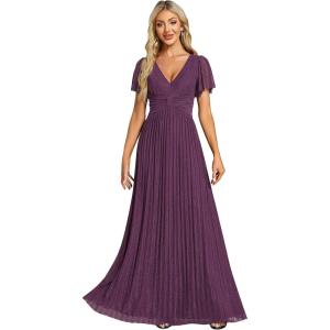 imageEverPretty Womens V Neck Glitter Pleated Short Sleeves Floor Length A Line Formal Evening DressesPurple Wisteria