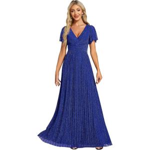 imageEverPretty Womens V Neck Glitter Pleated Short Sleeves Floor Length A Line Formal Evening DressesSapphire Blue