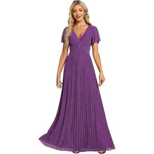 imageEverPretty Womens V Neck Glitter Pleated Short Sleeves Floor Length A Line Formal Evening DressesSparkling Grape