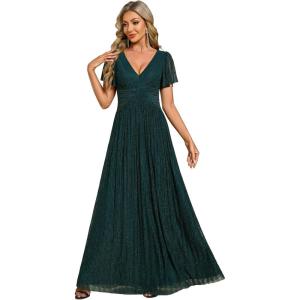 imageEverPretty Womens V Neck Glitter Pleated Short Sleeves Floor Length A Line Formal Evening DressesTeal