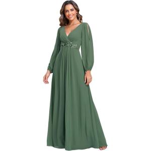 imageEverPretty Womens V Neck Long Lantern Sleeves Floor Length Ruched Chiffon ALine Formal Evening Dress 00461Eucalyptus Green