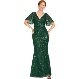 imageEverPretty Womens VNeck Short Sleeve Mermaid Sequin Embroidery FloorLength Mother of The Bride DressesDark Green