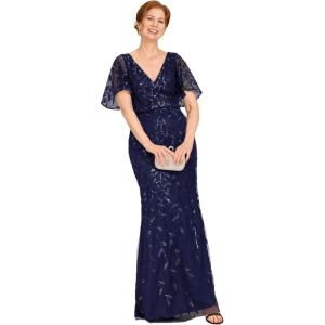 imageEverPretty Womens VNeck Short Sleeve Mermaid Sequin Embroidery FloorLength Mother of The Bride DressesNavy Blue